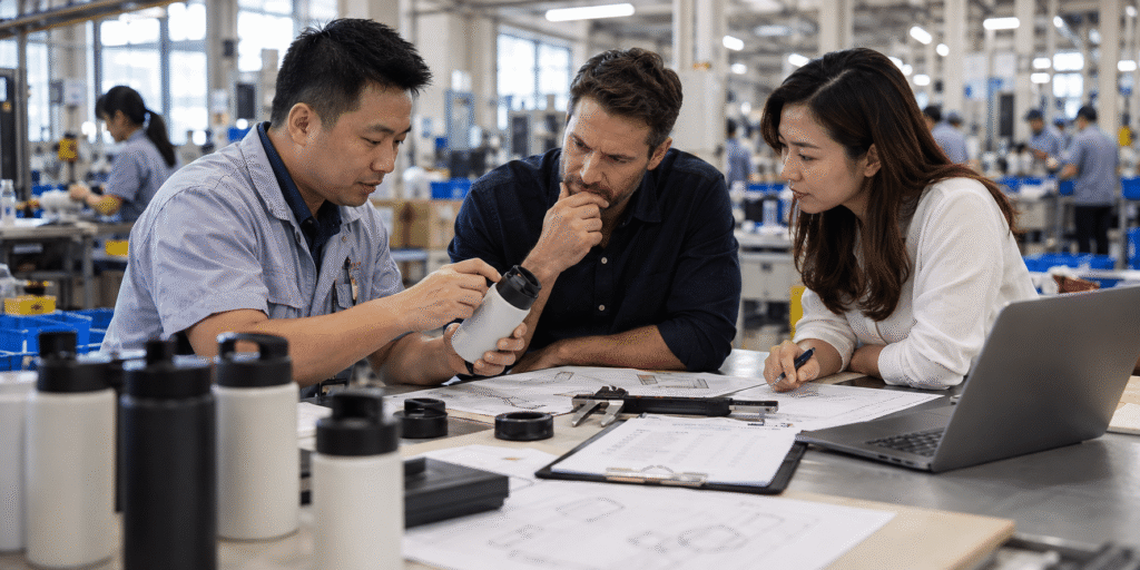 Buyer and factory team reviewing product samples and drawings together on a factory floor