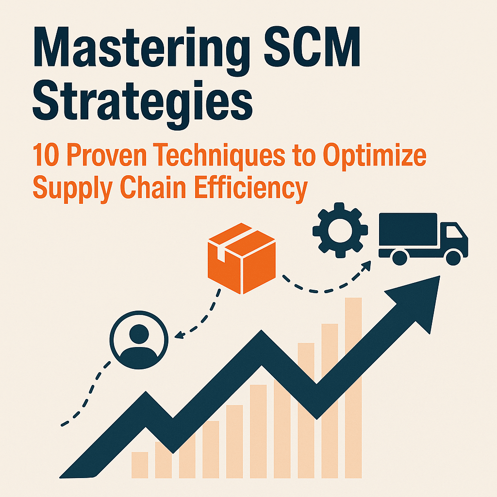 Supply chain optimization concept with icons of package, truck, gear, and upward growth arrow